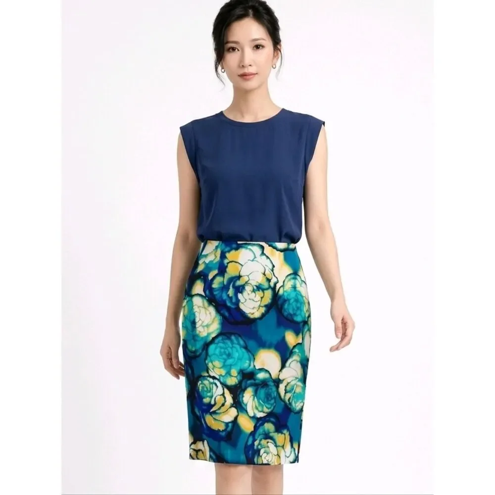Worthington Julia Teal Floral Patterned Side Zip Pencil Skirt Size 8